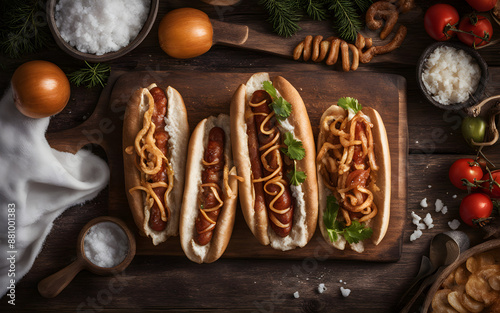 Norwegian pølse, hot dog, crispy onions, rustic wooden tray, snowy outdoor scene photo