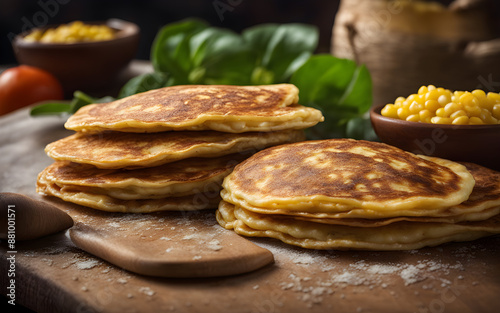 Venezuelan cachapas, sweet corn pancakes, cheese, folded, bright morning kitchen light photo