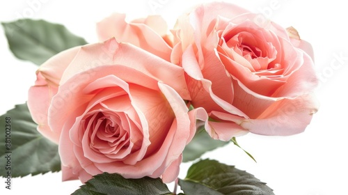 A detailed view of two pink roses surrounded by green foliage