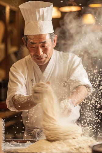 Skilled Ramen Chef Tossing Flour in Traditional Kitchen: Noodle-Making Expertise for Authentic Japanese Cuisine and Restaurant Advertising