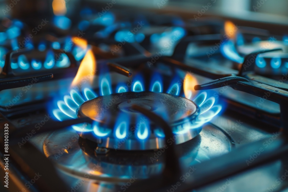 Gas burning from a kitchen gas stove. blue gas flame on hob. Gas burning from a kitchen gas stove. blue gas flame on hob.