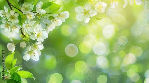 Spring nature freshness and renewal background. Flowering cherry apple tree branch in spring garden with bright white flowers on green bokeh background