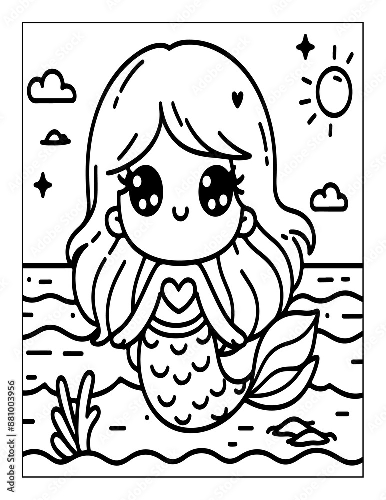 Fototapeta premium Mermaid Coloring Page isolated on transparent PNG background Generative AI