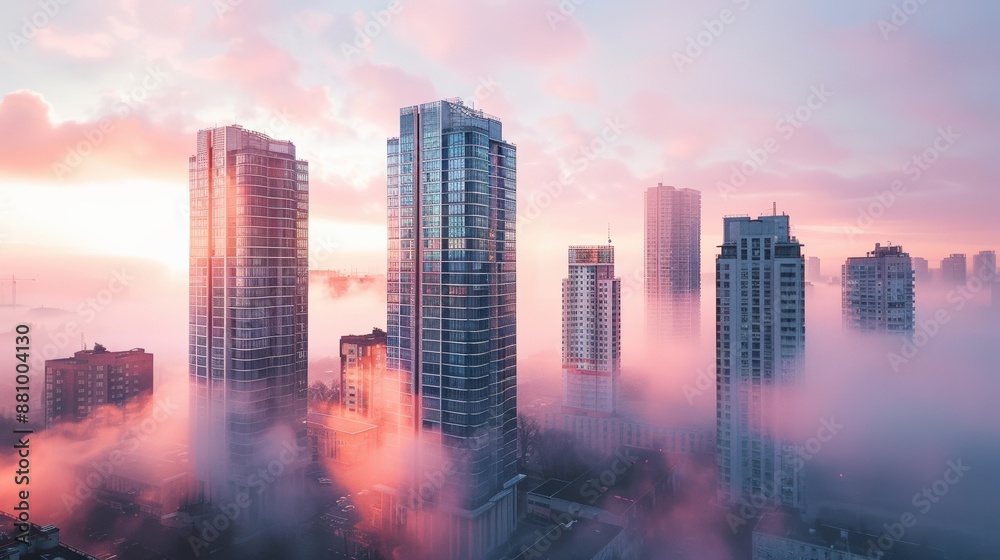 Fototapeta premium A city skyline with foggy clouds and a pink sky