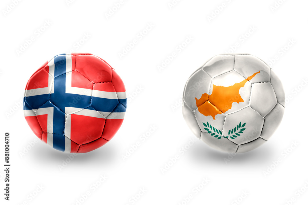 Obraz premium football balls with national flags of cyprus and norway ,soccer teams. on the white background.