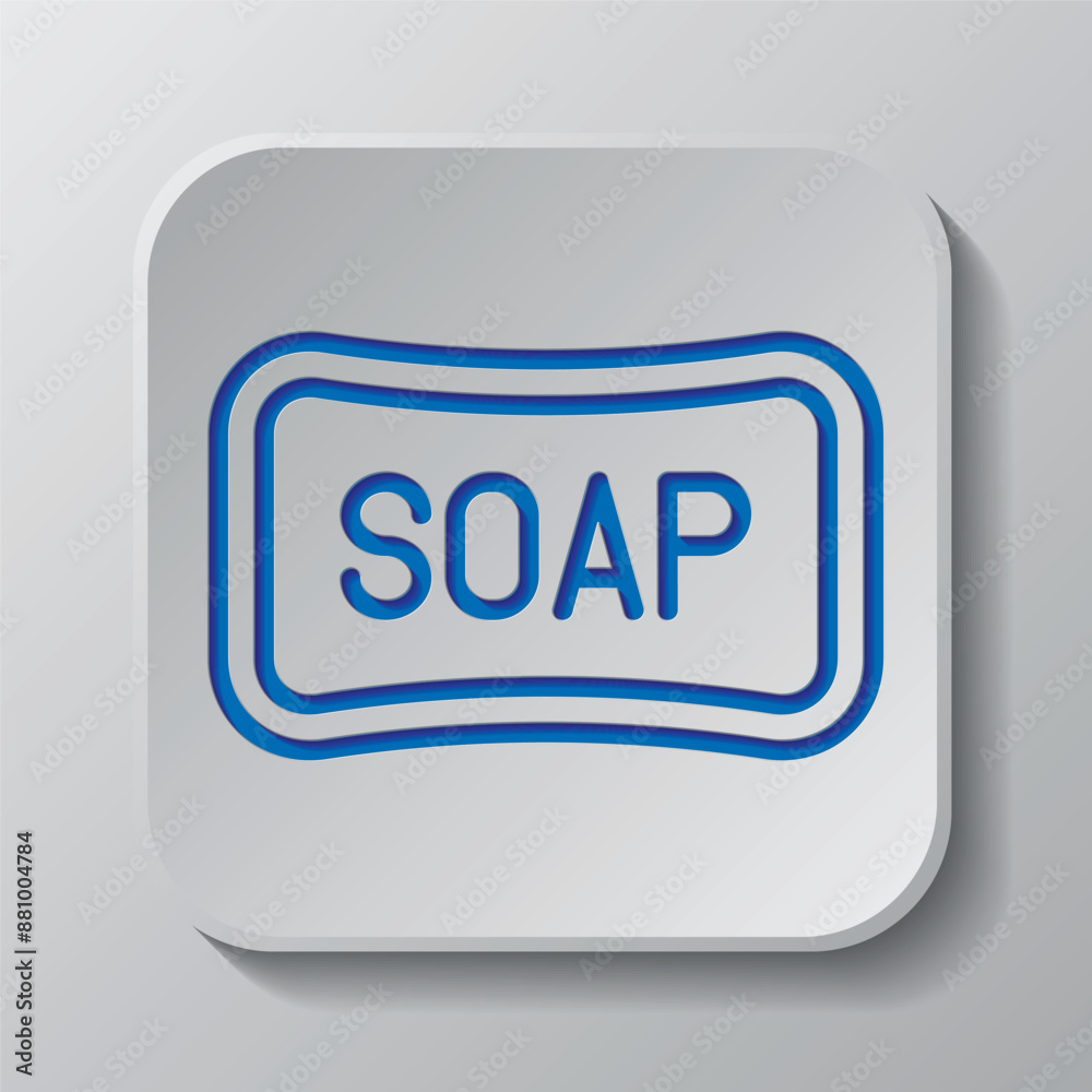 Soap simple icon vector. Flat design. Paper cut design. Cutted blue symbol with shadow. Gray badge button, gray background Soap simple icon vector. Flat design. Paper cut design. Cutted blue symbol with shadow. Gray badge button, gray background