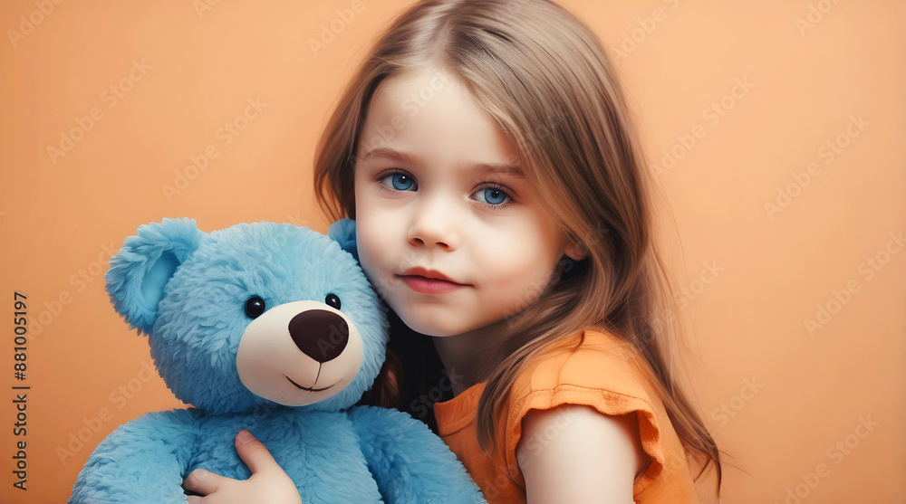 Portrait of pretty cute little girl with blue eyes hugging her blue teddy bear, childhood love, kids background,