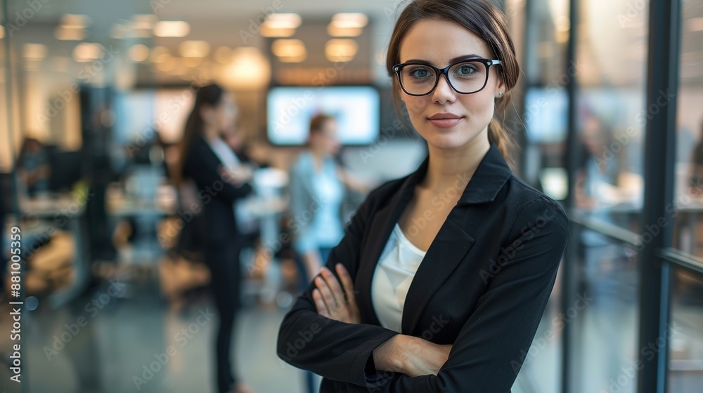 A woman in a business suit stands in front of a group of people A woman in a business suit stands in front of a group of people