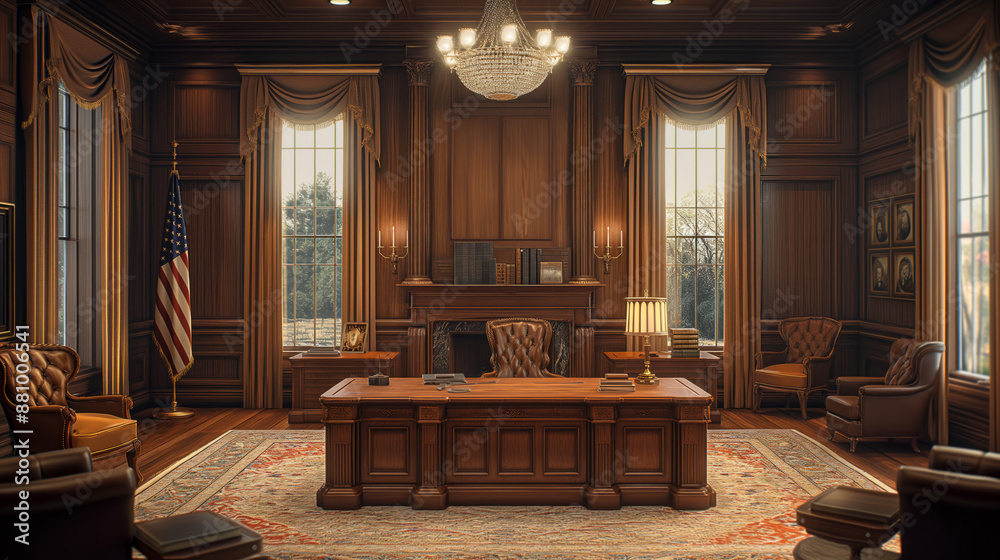 Empty courtroom with chair of judge and flags Empty courtroom with chair of judge and flags