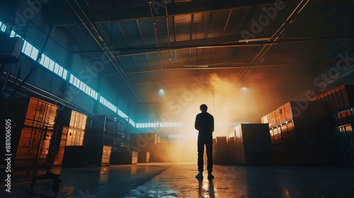 a man standing in a warehouse with a light shining on him