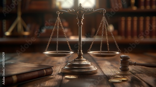 Legal office of lawyers, justice and law concept : Retro balance scale of justice on a desk in a courtroom, depicting giving fair and objective consideration to all evidence, without showing bias.