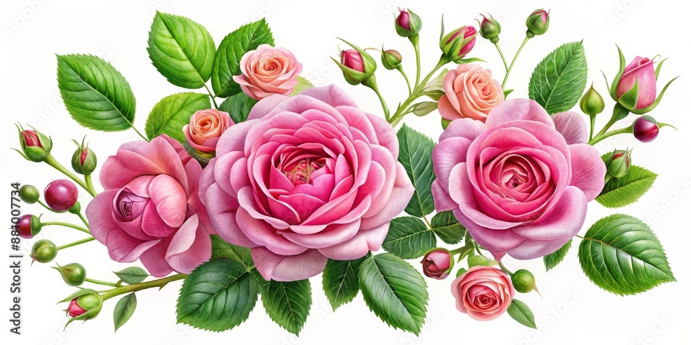 Delicate Pink Roses with Green Foliage, Watercolor Painting, Floral Arrangement, Nature, Roses, Flowers, Artwork Delicate Pink Roses with Green Foliage, Watercolor Painting, Floral Arrangement, Nature, Roses, Flowers, Artwork