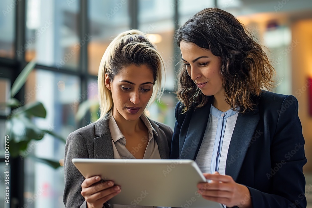 Two women are looking at a tablet together. One of them is wearing a black jacket Two women are looking at a tablet together. One of them is wearing a black jacket
