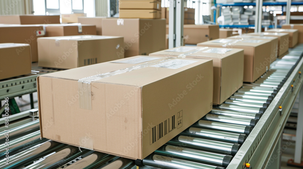 Cardboard packages on a roller conveyor are prepared for shipment by a courier who will deliver them to their destinations.