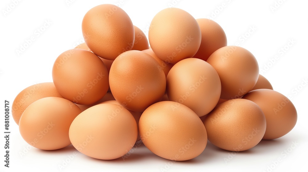 close up side view on chicken brown eggs pile heap on white background close up side view on chicken brown eggs pile heap on white background