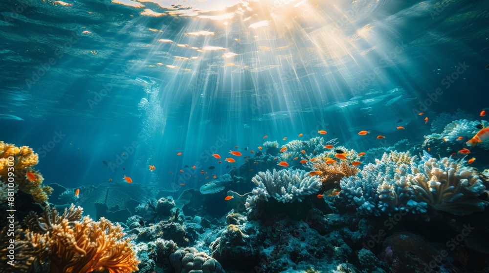 underwater photograph captures a diver exploring a stunning coral reef, surrounded by a plethora of colorful fish. Sunlight pierces through the water, illuminating the vivid coral and marine life, sho underwater photograph captures a diver exploring a stunning coral reef, surrounded by a plethora of colorful fish. Sunlight pierces through the water, illuminating the vivid coral and marine life, sho