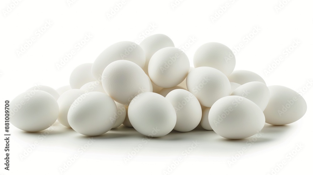 close up side view on white chicken eggs pile heap on white background close up side view on white chicken eggs pile heap on white background
