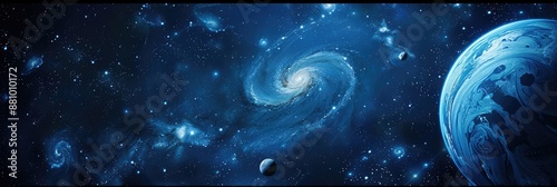 Spiral galaxy, planets and stars in the deep Universe. Cosmic theme with nebulae in the starry dark blue space