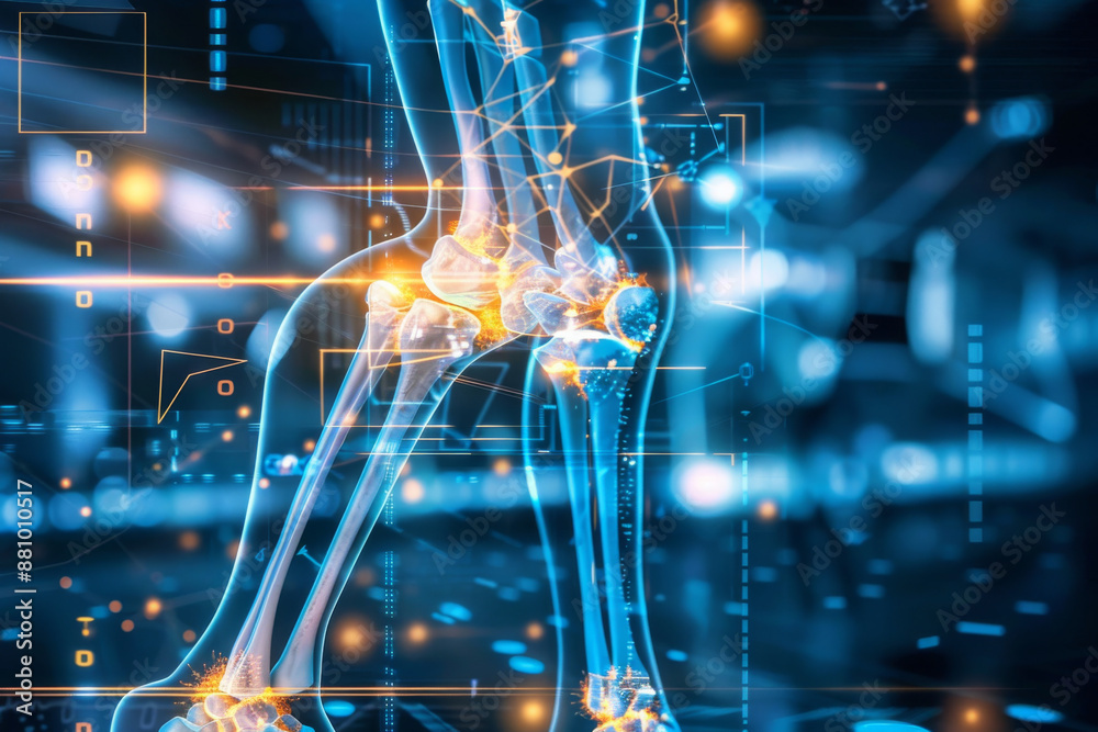 Digital rendering of the human knee joint, with glowing areas indicating pain and redness in the surrounding area. Digital rendering of the human knee joint, with glowing areas indicating pain and redness in the surrounding area.