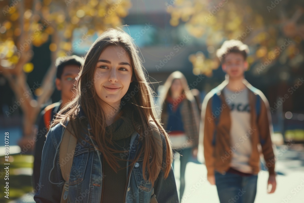 Young woman smiling on campus with students in background. Young woman smiling on campus with students in background.