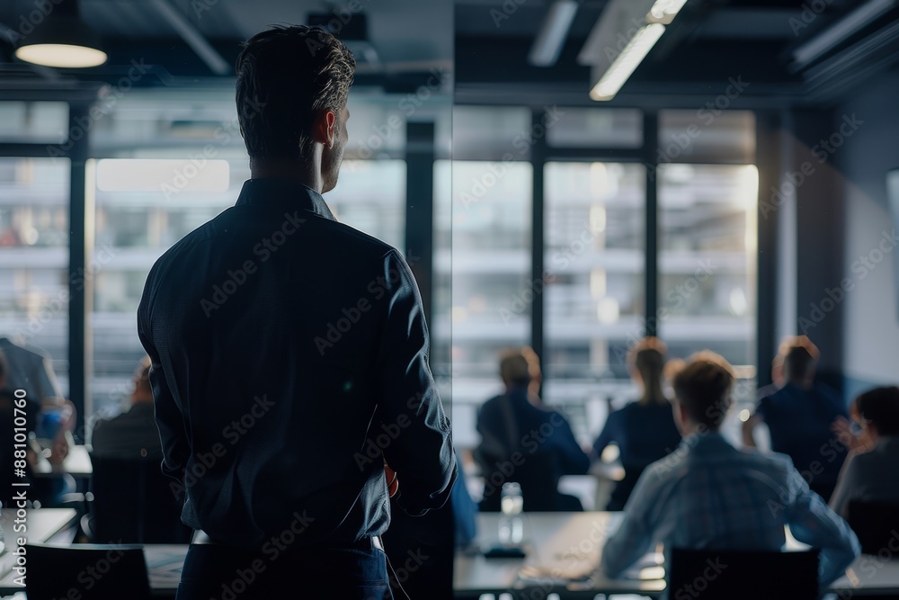 Business leader addressing a team in a modern office. Business leader addressing a team in a modern office.