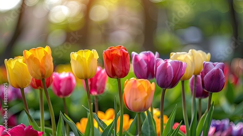 Fototapeta Naklejka Na Ścianę i Meble -  Colorful tulips blooming in spring garden