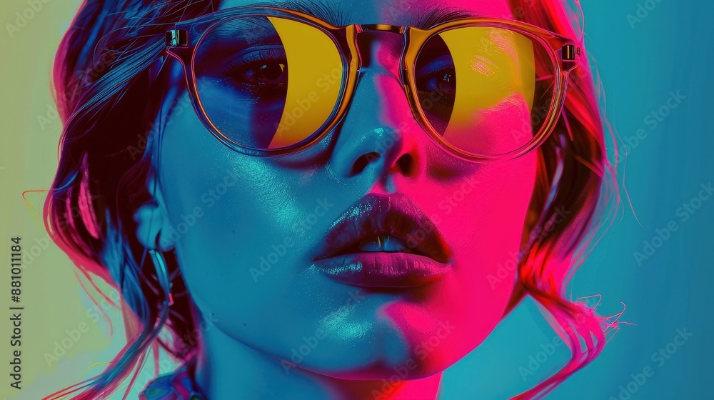 A woman wearing sunglasses with a vibrant pink and blue neon light illuminating her face. A woman wearing sunglasses with a vibrant pink and blue neon light illuminating her face.