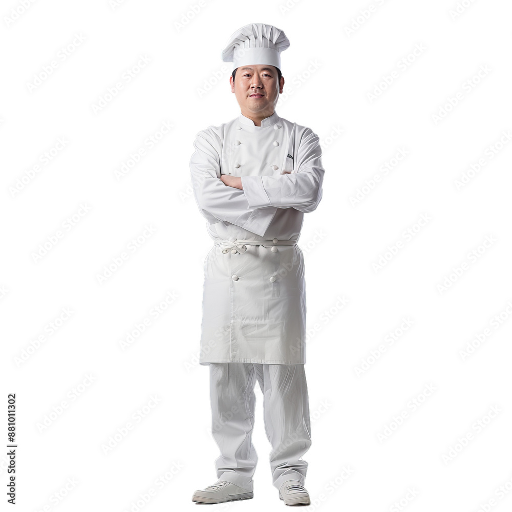 Professional male chef with crossed arms, wearing a traditional white chef's uniform, isolated on a transparent checkered background Professional male chef with crossed arms, wearing a traditional white chef's uniform, isolated on a transparent checkered background