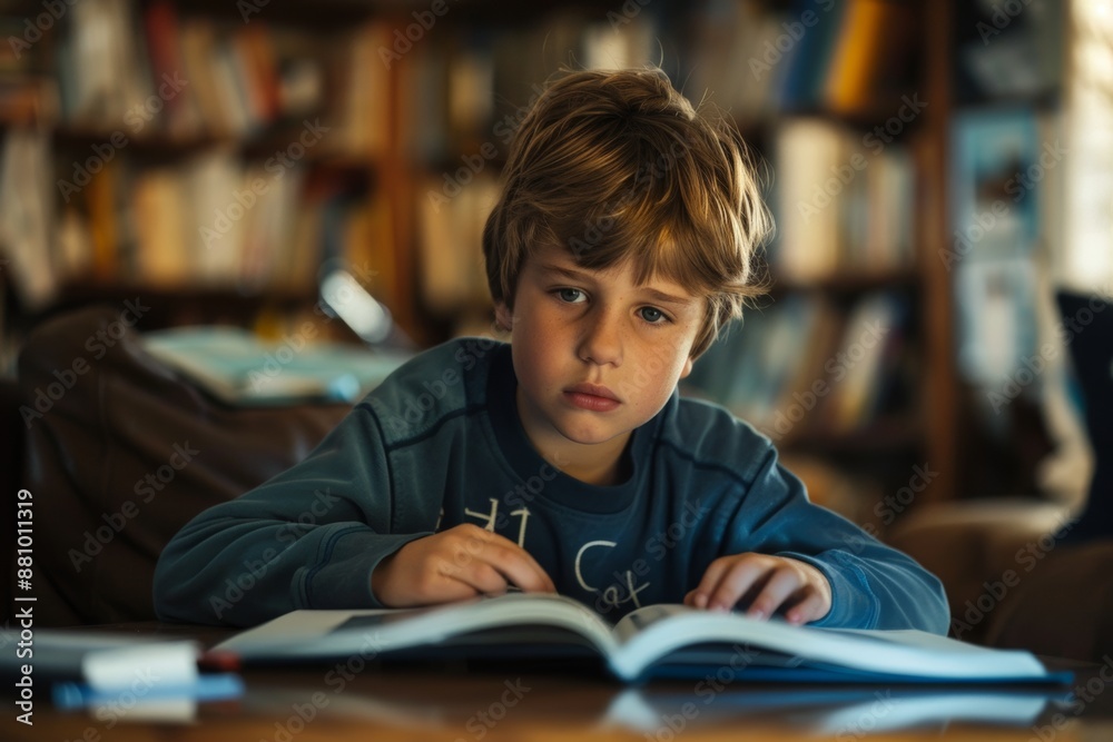Young student reading and writing in a library or study. Young student reading and writing in a library or study.