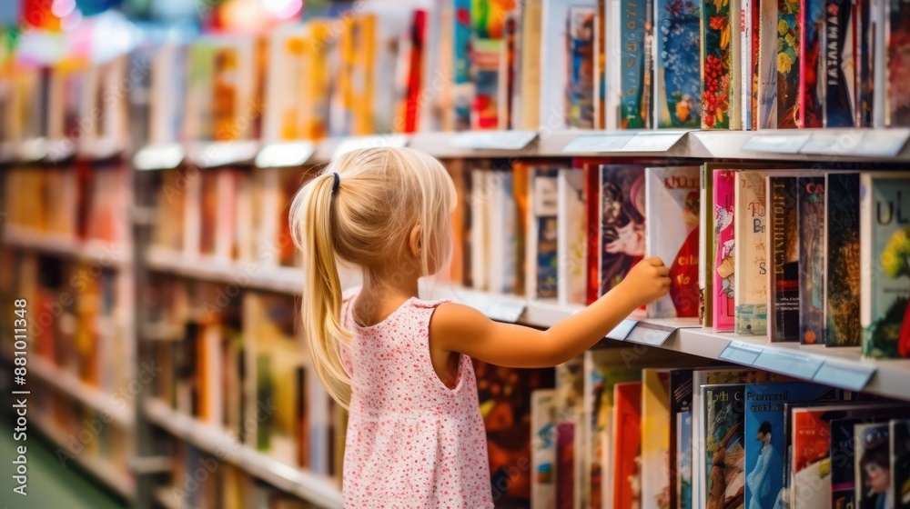Little Caucasian girl in front of bookshelves in a library. Little Caucasian girl in front of bookshelves in a library.