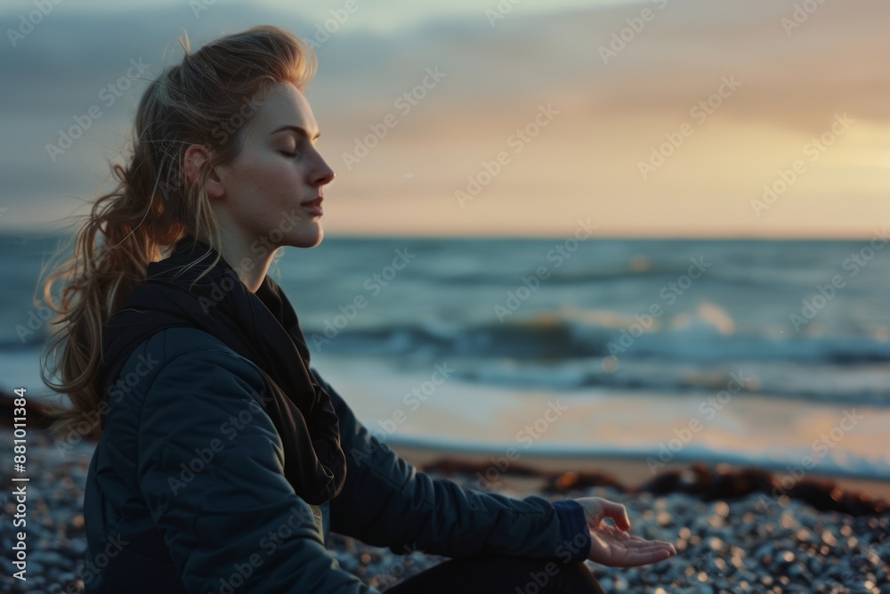 Serene woman meditating on beach at sunset, eyes closed, wind in hair. Serene woman meditating on beach at sunset, eyes closed, wind in hair.