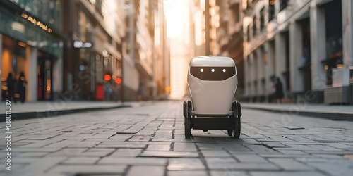 Futuristic autonomous delivery robot navigates urban areas for efficient courier services. Concept Delivery Services, Autonomous Technology, Urban Navigation, Courier Efficiency, Futuristic Robotics