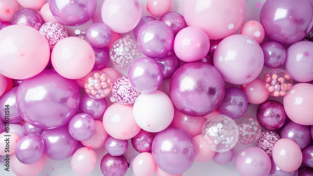 Colorful balloon garland featuring purple, pink, and white balloons for festive celebrations Colorful balloon garland featuring purple, pink, and white balloons for festive celebrations