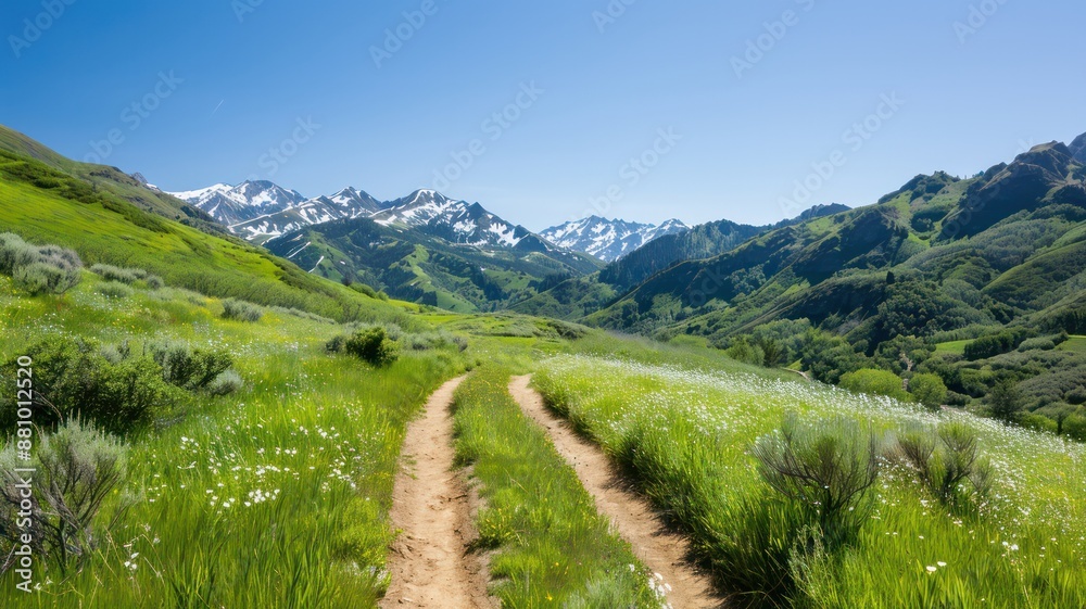 Scenic hiking trail through green meadows with a backdrop of snow-capped mountains Scenic hiking trail through green meadows with a backdrop of snow-capped mountains