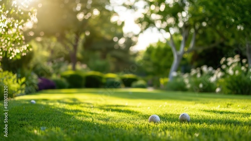 People engaged in a game of bocce ball on a well-manicured lawn during a sunny afternoon, capturing the serene atmosphere and the focus on the game.