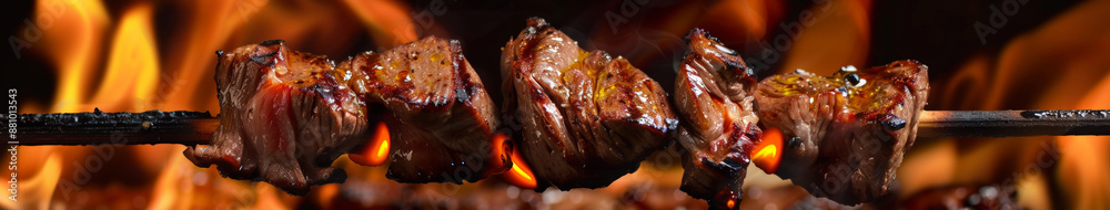 A close-up, beef is skewered on an iron stick, surrounded by vibrant orange and red flames. A close-up, beef is skewered on an iron stick, surrounded by vibrant orange and red flames.