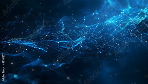 Abstract blue background with digital network and connections, technology concept for web design or data transfer theme, dark blue color, white dots of different sizes on black gradient background, lo