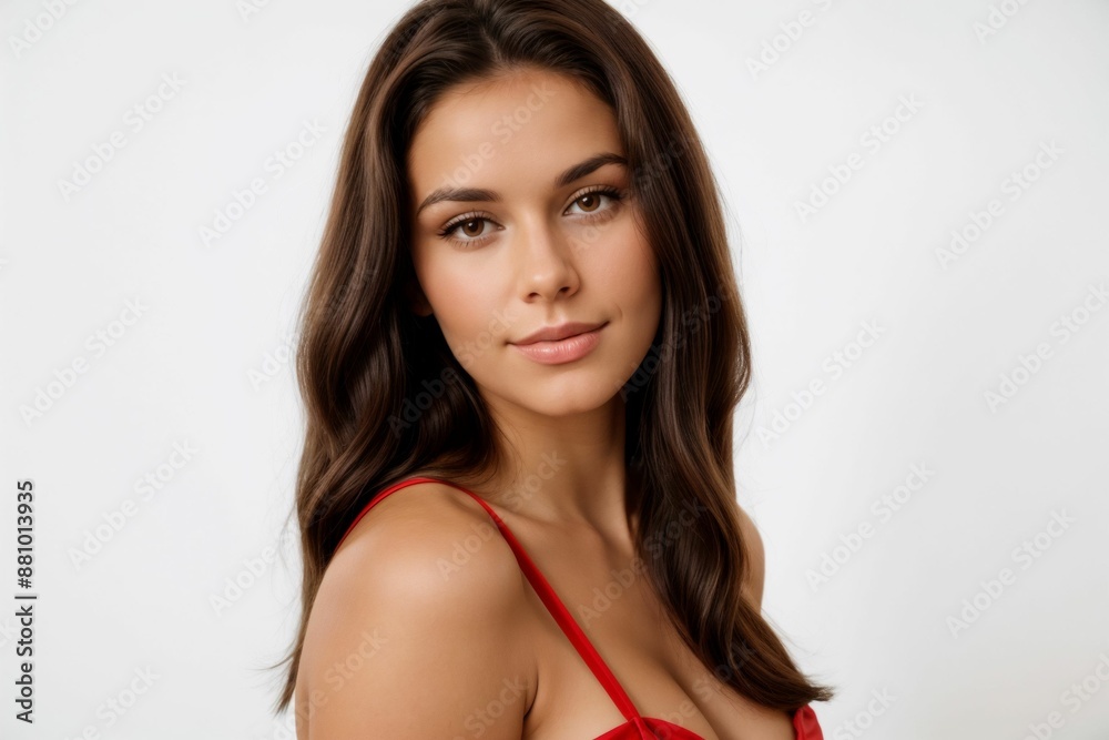 A portrait of a woman with shoulder-length dark brown hair and a red strapless top. A portrait of a woman with shoulder-length dark brown hair and a red strapless top.