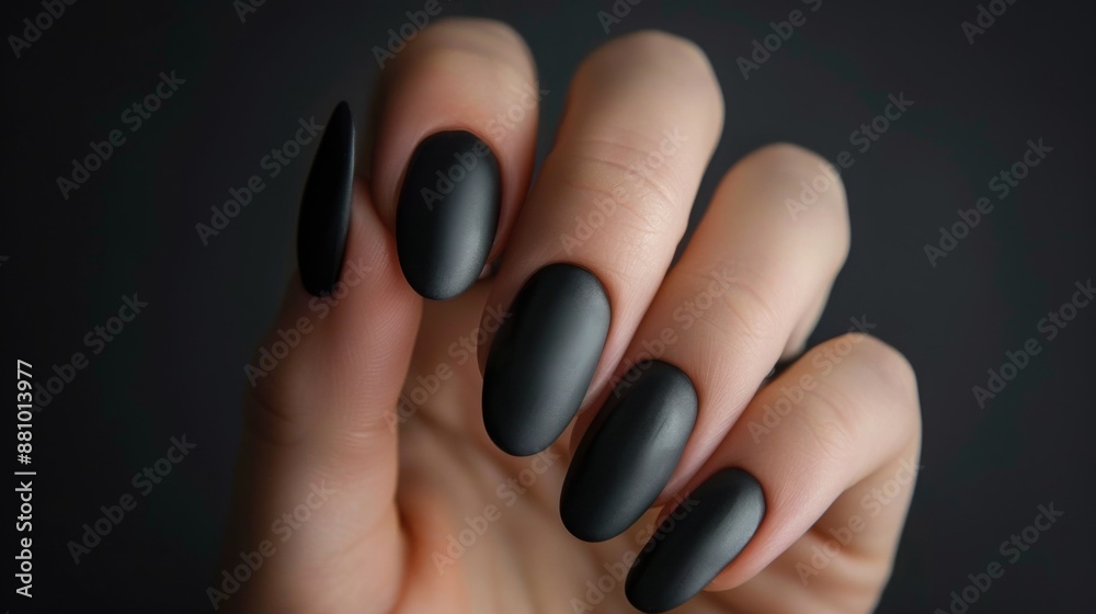A closeup of a hand with black matte nail polish on each finger. A closeup of a hand with black matte nail polish on each finger.