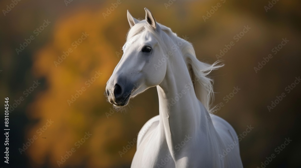 White Arabian stallion, focusing on its powerful build and elegant features White Arabian stallion, focusing on its powerful build and elegant features