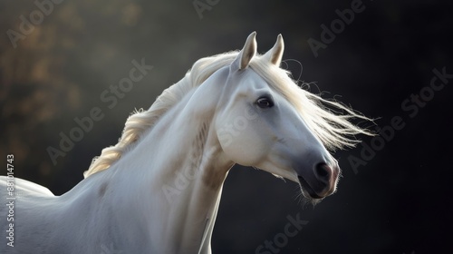 White Arabian stallion, focusing on its powerful build and elegant features © AlfaSmart