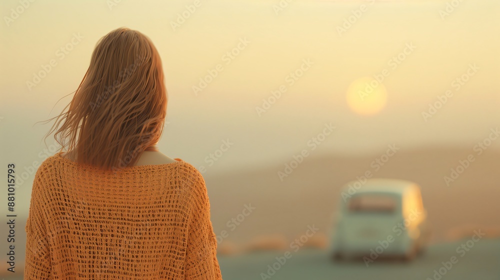 Fototapeta premium Woman enjoys a peaceful sunset by her vintage car on an empty road, feeling free and happy in nature's beauty