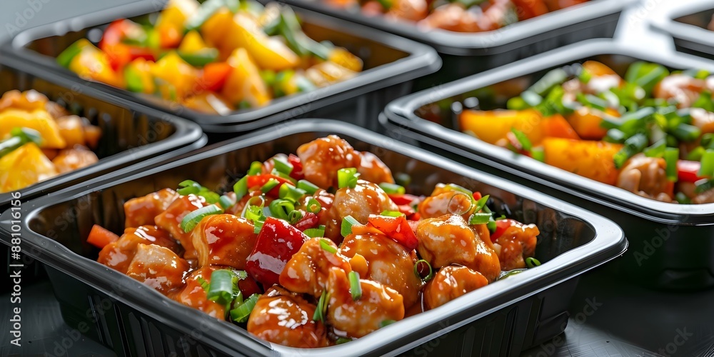 Meal prep Kung Pao chicken in assorted containers for convenient lunches. Concept Meal Prep, Kung Pao Chicken, Assorted Containers, Convenient, Lunches Meal prep Kung Pao chicken in assorted containers for convenient lunches. Concept Meal Prep, Kung Pao Chicken, Assorted Containers, Convenient, Lunches