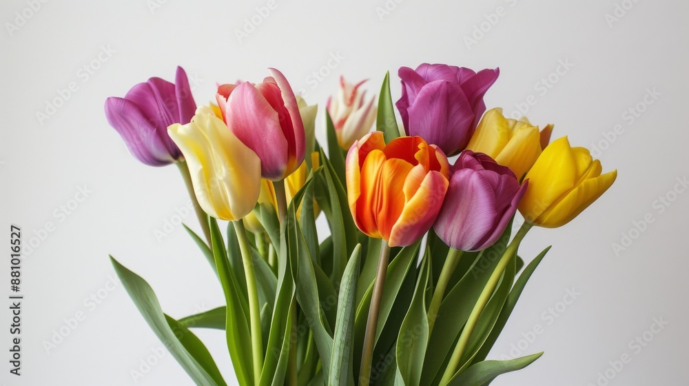 Vibrant bouquet of tulips against a clean, white background Vibrant bouquet of tulips against a clean, white background