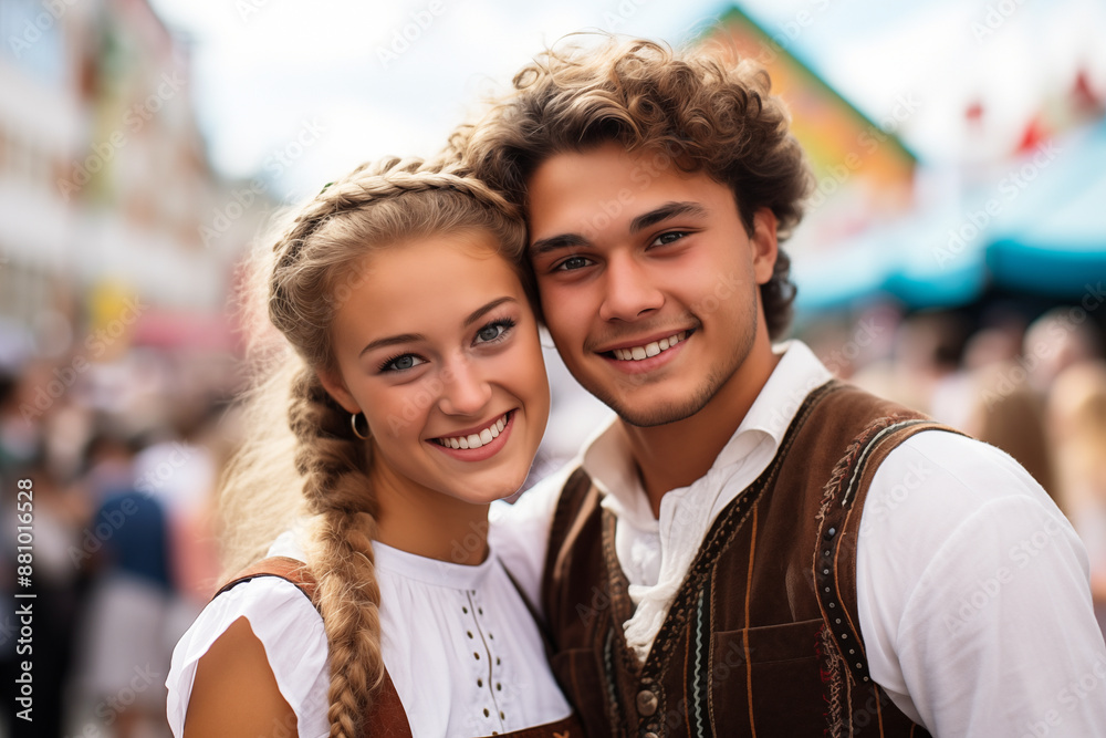 A close-up of happy couple celebrating Oktoberfest at a festival A close-up of happy couple celebrating Oktoberfest at a festival