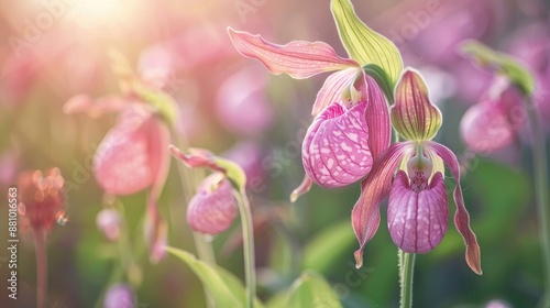 Close up view of pink lady s slipper wildflower photo