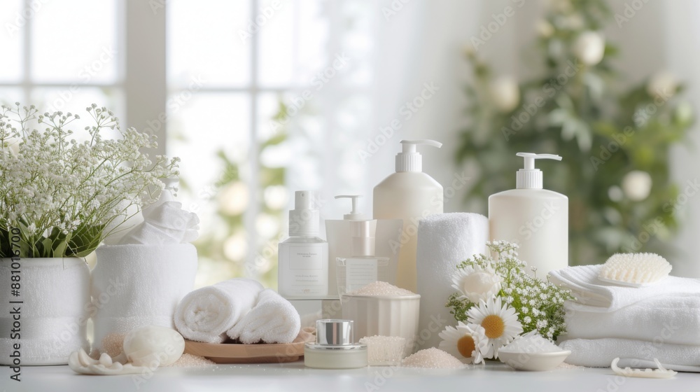 Elegant arrangement of spa cosmetics on a pristine white table