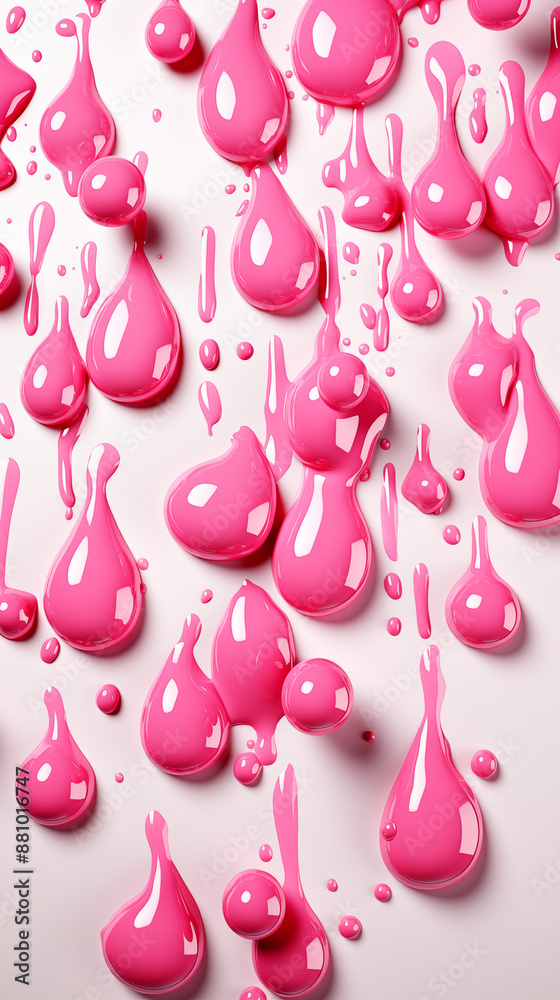 Fototapeta premium Pink Water Drops of Paint Dripped on White Background, Abstract Image, Texture, Pattern Background, Wallpaper, Cover and Screen of Smartphone, Cell Phone, Computer, Laptop, Format 9:16 and 16:9