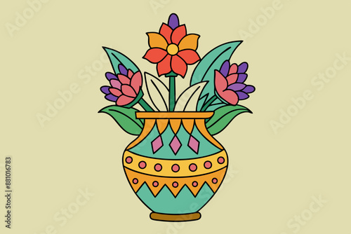 Coloring book drawing, for kids cartoon style, decorative Verdant Vase with flowers, vector illustration photo