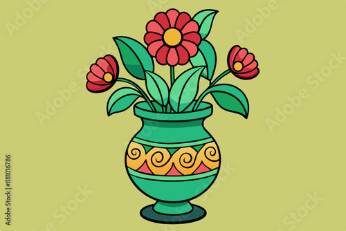 Coloring book drawing, for kids cartoon style, decorative Verdant Vase with flowers, vector illustration photo